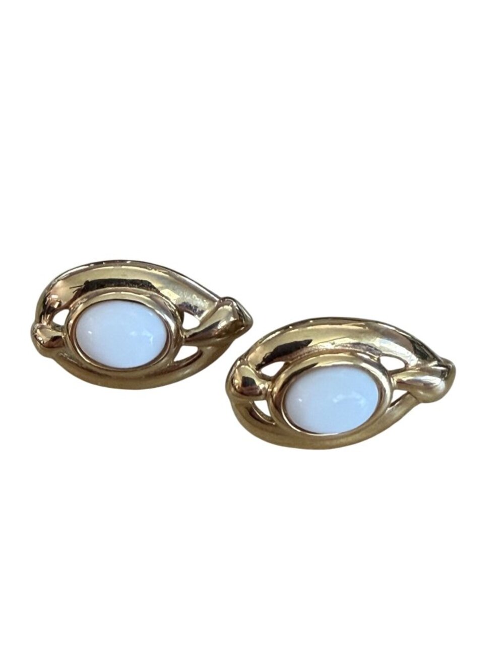 Vintage Trifari Gold-Tone Oval Clip-On Earrings With White Cabochon Accents
